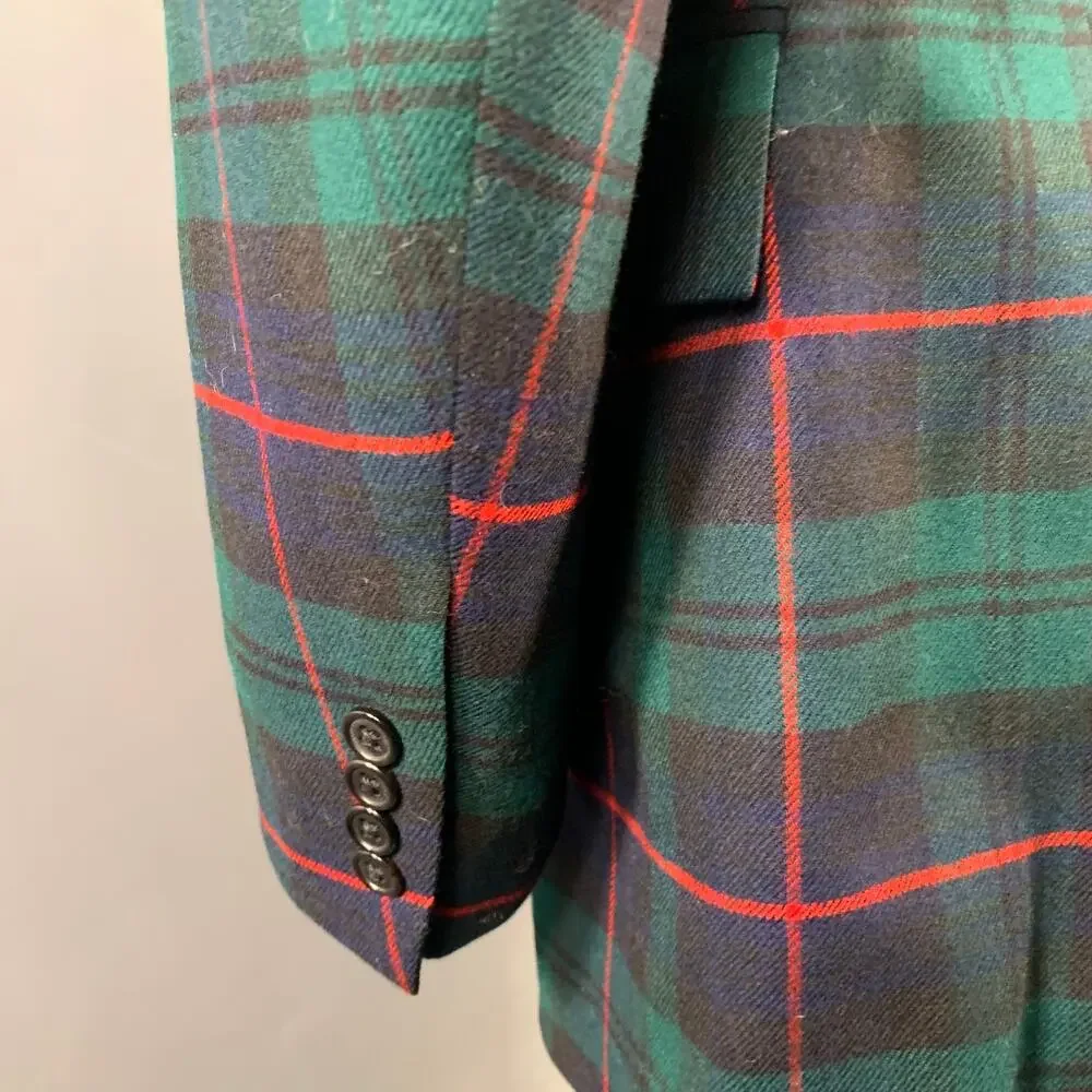 Size 44 Long Green Black Red Plaid Wool Peak Lapel Sport Coat
